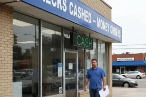 Check Cashing service center with customer walking outside entrance.