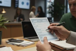 Close-up of hands writing details on Money Order form.
