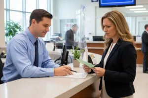 Concerned woman discussing Money order issue with bank representative.