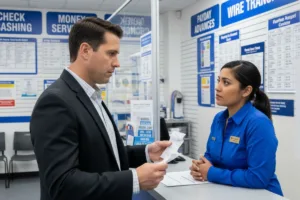 Customer holding receipts at Check cashing counter with teller assistance.