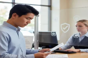 Customer holds papers while teller processes safe check cashing transaction.