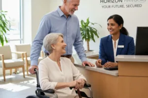 Elderly woman in wheelchair receives Check cashing assistance at bank.