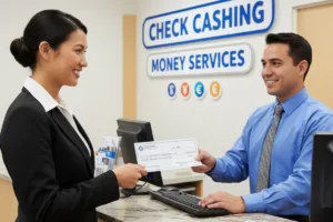 Employee assisting client with Check Cashing transaction at desk.