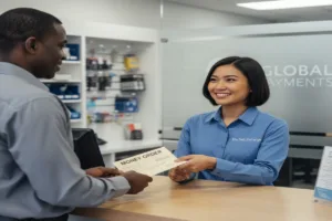 Friendly cashier providing Money order assistance at financial office.