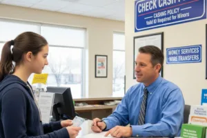 Girl handing check for Check Cashing verification.