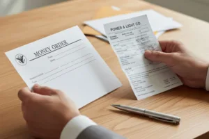 Hands holding Money Order and electricity bill for payment