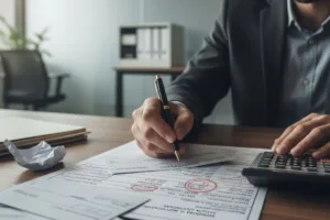 Man examining Check Cashing forms and calculations at office desk.