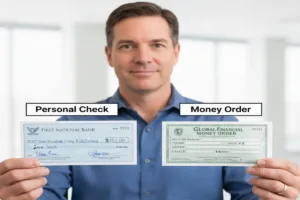 A man holding Money Order and personal check side by side.