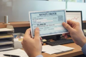 Person holding a Money Order worth one thousand dollars.