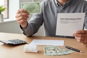 Person holds Money order and Cash Refund Request Form together.