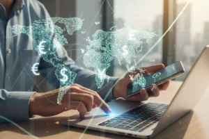 Person using laptop and smartphone for global money transfer online.