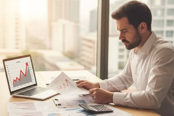 Businessman analyzing financial reports and money transfer data charts.