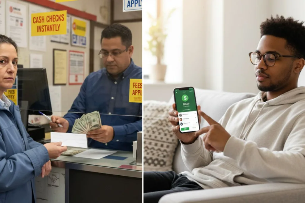 Side-by-side of Check Cashing location and digital payment option.