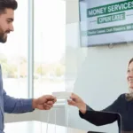 Smiling bank clerk assists man with quick Check Cashing transaction.