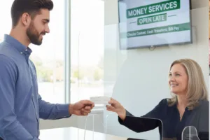 Smiling bank clerk assists man with quick Check Cashing transaction.