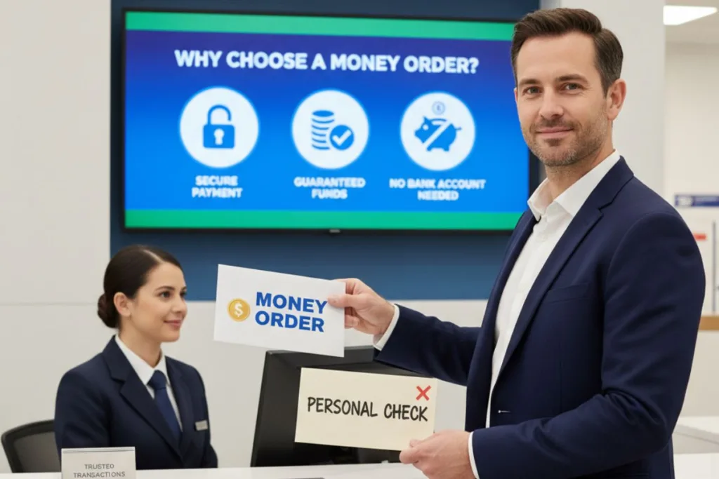 Smiling businessman holding Money Order paper in financial office.
