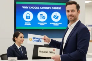 Smiling businessman holding Money Order paper in financial office.