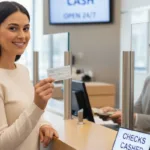 Young woman visits financial service desk to Cash a check.