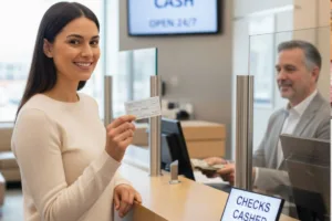 Young woman visits financial service desk to Cash a check.