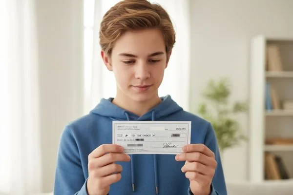 Niño con sudadera azul sosteniendo un cheque para el proceso de cobro de cheques.