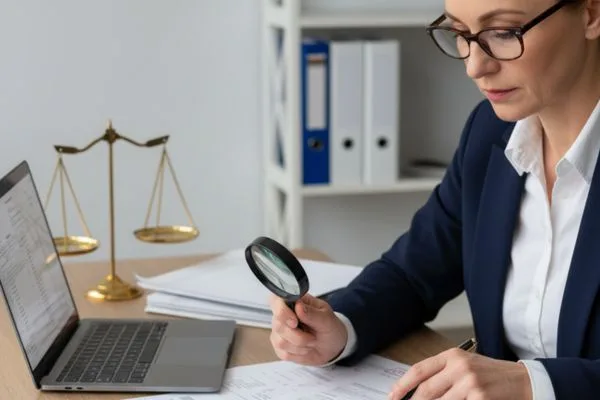 Female auditor examining Check Cashing documents with magnifying glass.
