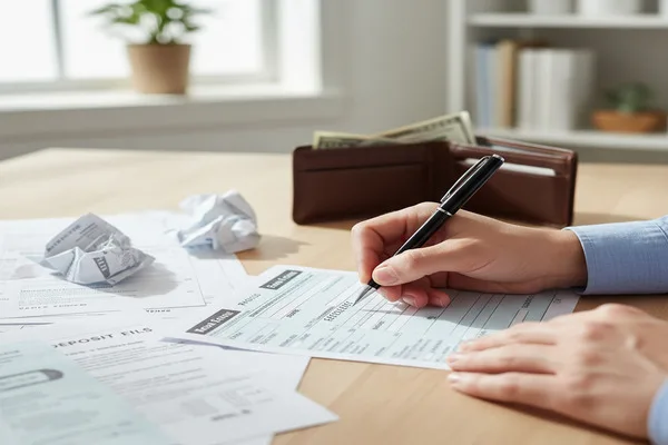 Man completing Money Order beside bills and documents.
