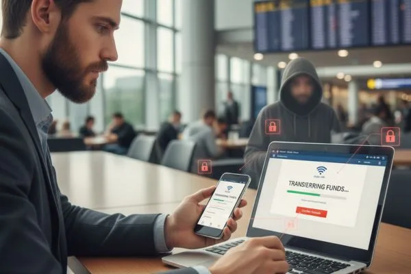 Hombre completando una transferencia de dinero digital mientras espera un vuelo.