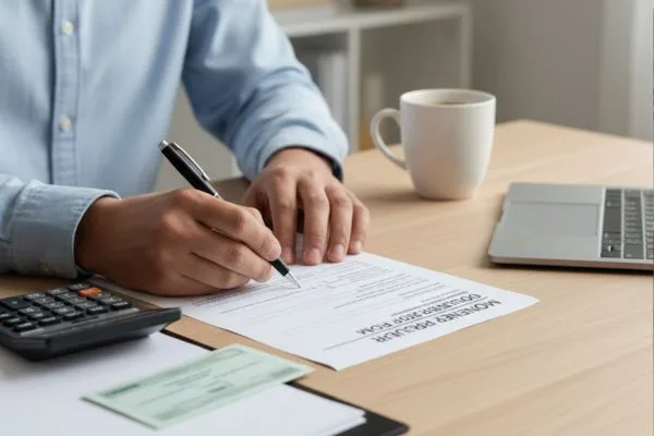 Persona que completa un formulario de orden de pago junto a una computadora portátil y un café.