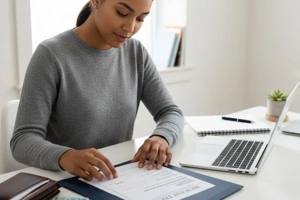 Woman reviewing documents at desk after completing Check Cashing.
