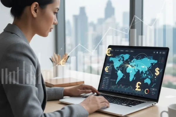 Mujer mirando un mapa mundial de transferencias de dinero con símbolos financieros.