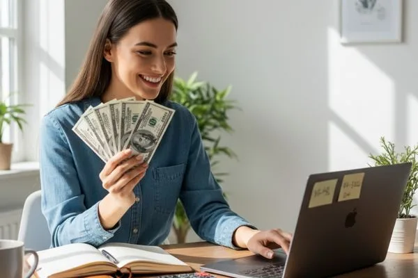 Laptop and cash in hand representing digital check cashing success. 