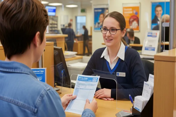 Empleado bancario ayudando a un cliente con un giro postal perdido 
