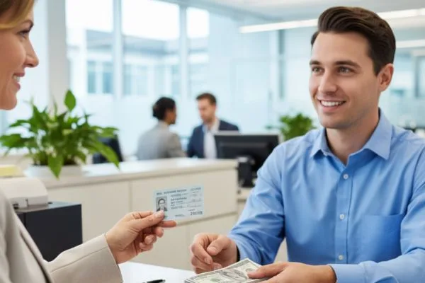 Bank employee assisting customer with Check Cashing service exchange.
