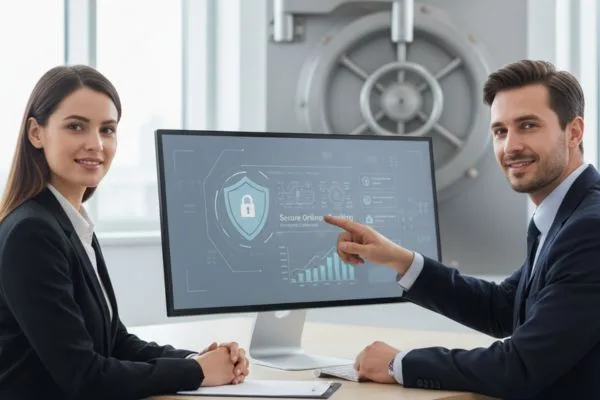 Profesionales bancarios discutiendo sobre un sistema seguro de giros postales en una computadora.
