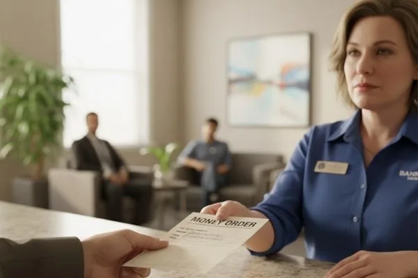 Bank staff processes Money order transaction for waiting customer.