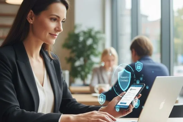 Mujer de negocios completando una transferencia de dinero segura en un teléfono inteligente en una cafetería.