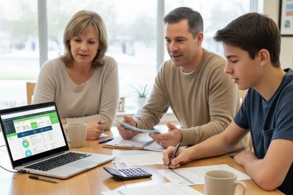 Familia revisando facturas y opciones de cobro de cheques en la mesa de la cocina.