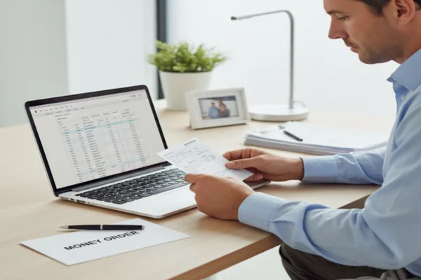 Man reviewing Money Order details while working on laptop.