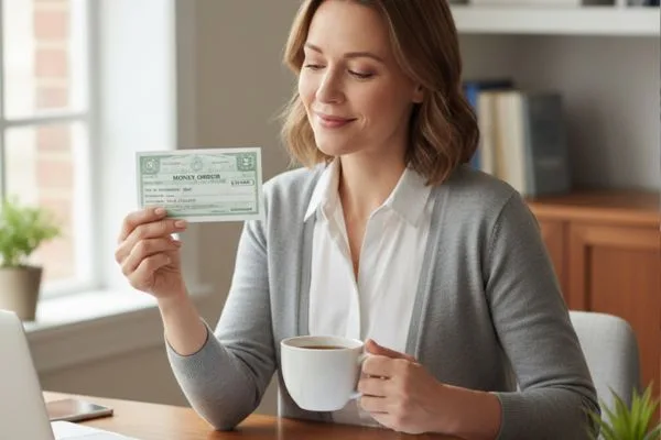 Smiling woman holds a Money order while drinking coffee.