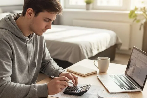 Estudiante administra las finanzas en casa después de una transacción de cambio de cheque.
