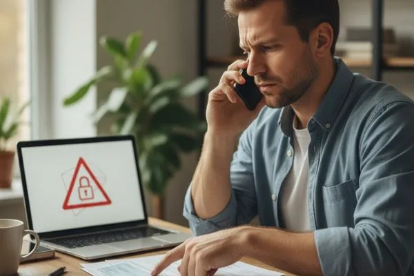 Concerned person discusses check cashing fraud with bank support.