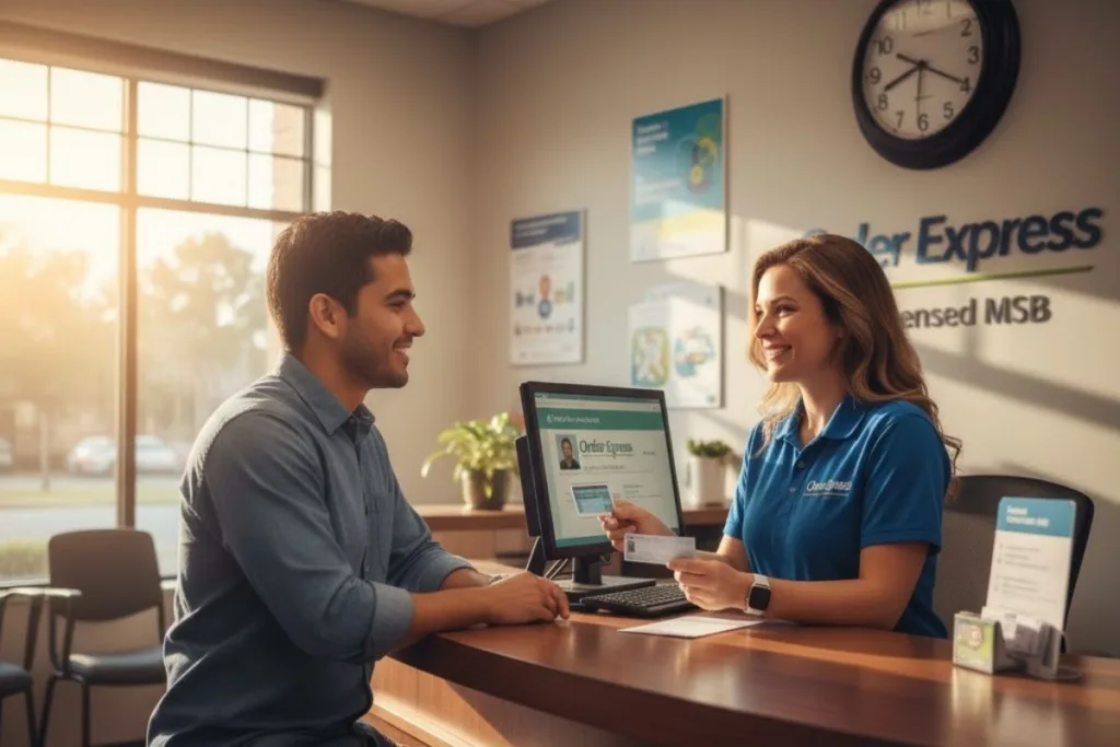 Cliente y cajero en el mostrador para cobrar un cheque