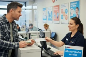 Cliente comprando un giro postal con efectivo en el mostrador de servicio