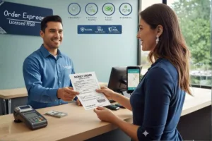 Cliente completando una transacción de giro postal de forma segura