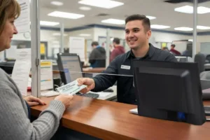 Cliente entregando giro postal en el mostrador de servicio
