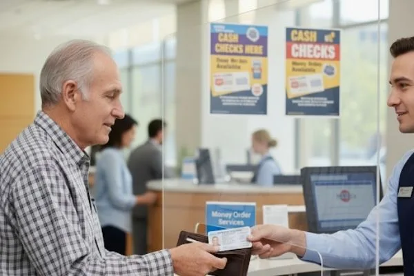 Customer hands ID at counter to cash a pension check