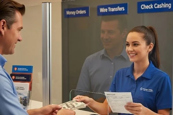 Cliente que recibe el servicio de giro postal en el mostrador de pago