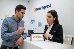 Cliente verificando el reembolso de un giro postal con un agente