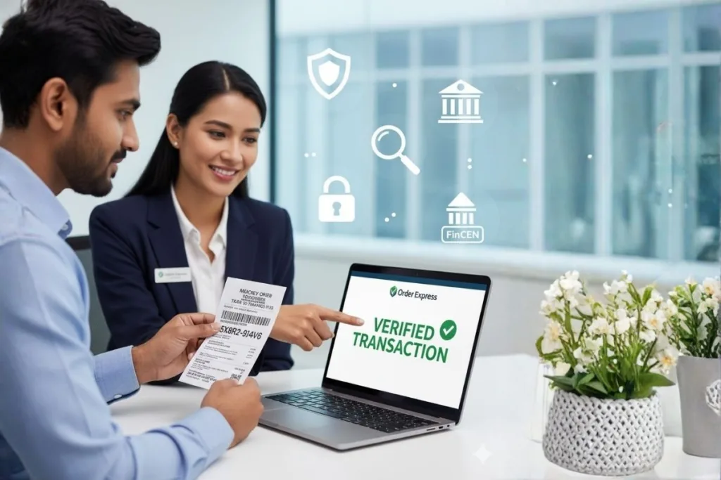 Cliente verificando el número de seguimiento de la orden de pago en línea