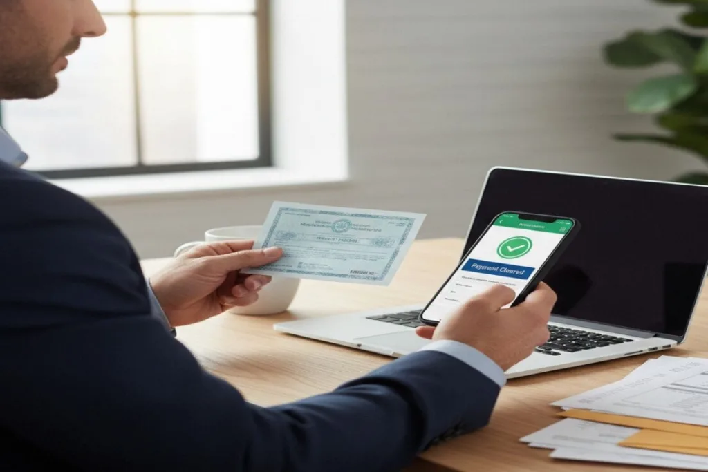 Businessman confirming Money Order payment cleared on mobile app